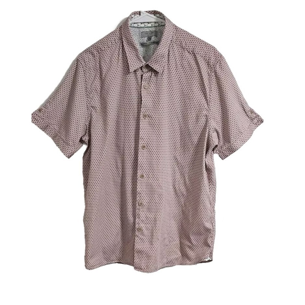 Ted Baker Mens Button Down Shirt 6 Soft Pink White Geometric Print Casual Modern